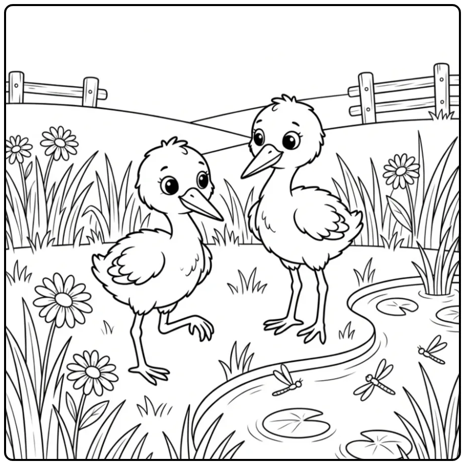 Twee kuikens op een kleurplaat baby ooievaar in het gras.