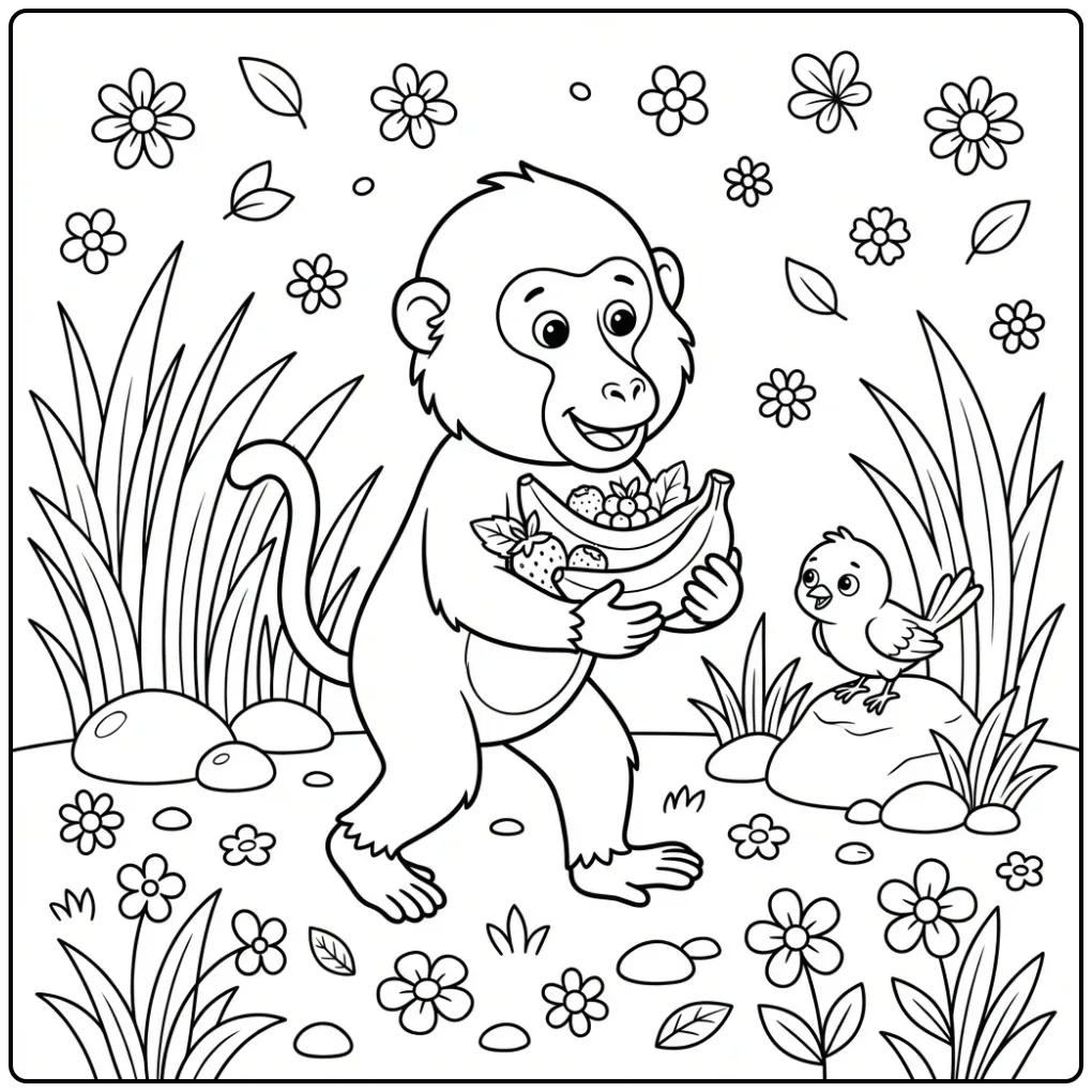 Een leuke kleurplaat baviaan met fruit en een vogeltje.
