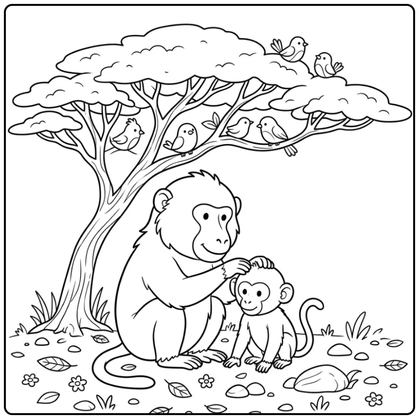 Lieve kleurplaat baviaan moeder en baby onder een boom.