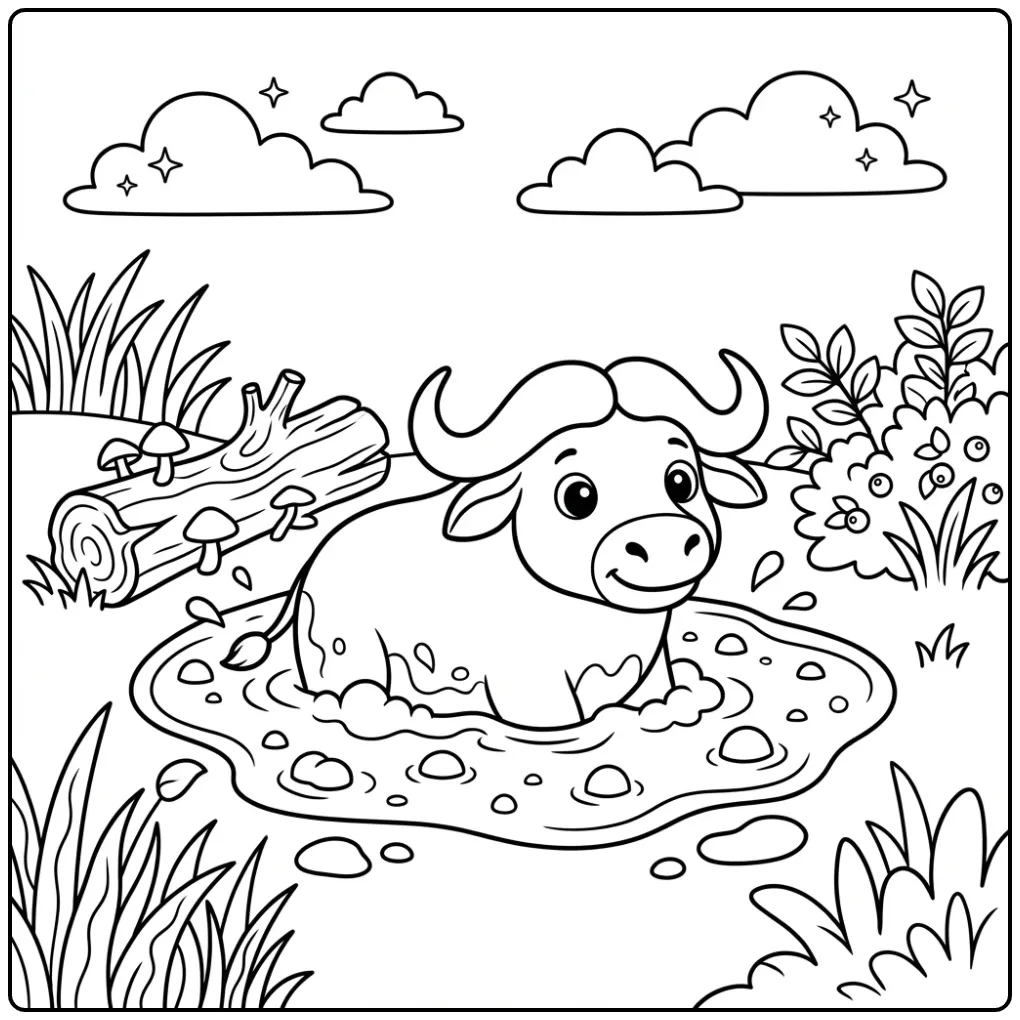 Een leuke kleurplaat buffel in de modder met gras en wolken.