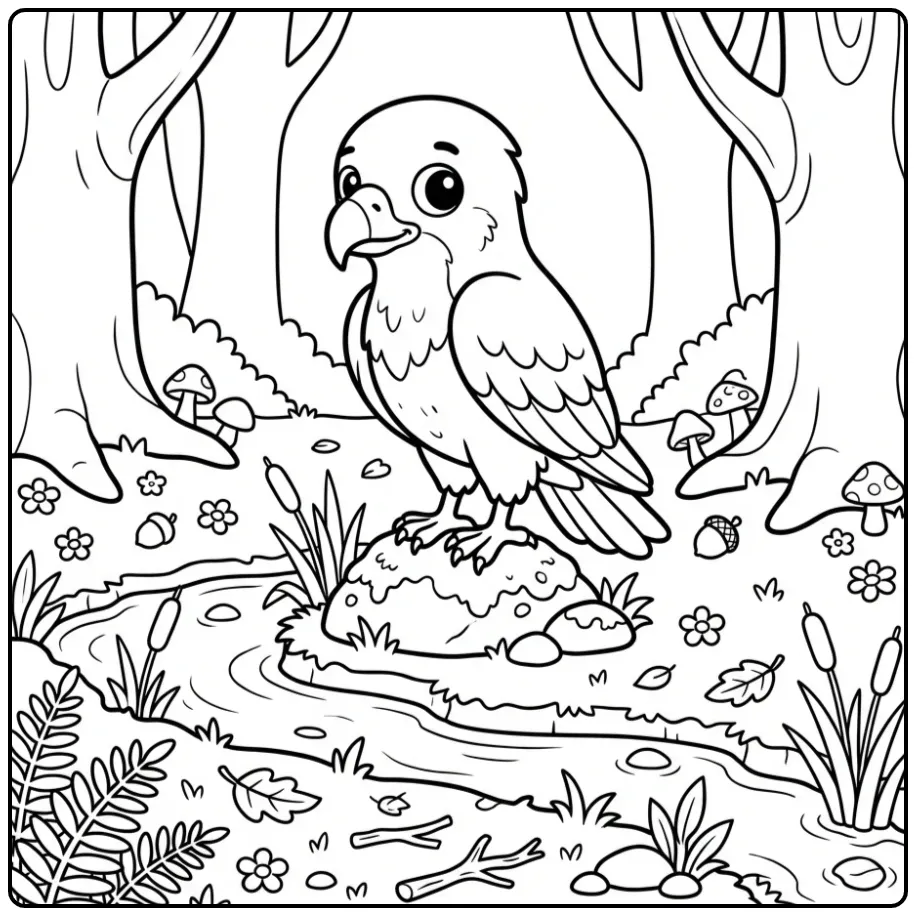 Een leuke kleurplaat buizerd op een rots bij een beekje.