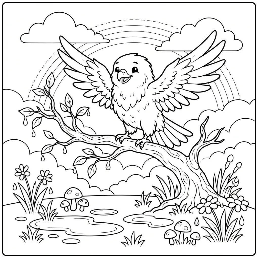 Kleurplaat buizerd landt op een natte tak na een regenbui.