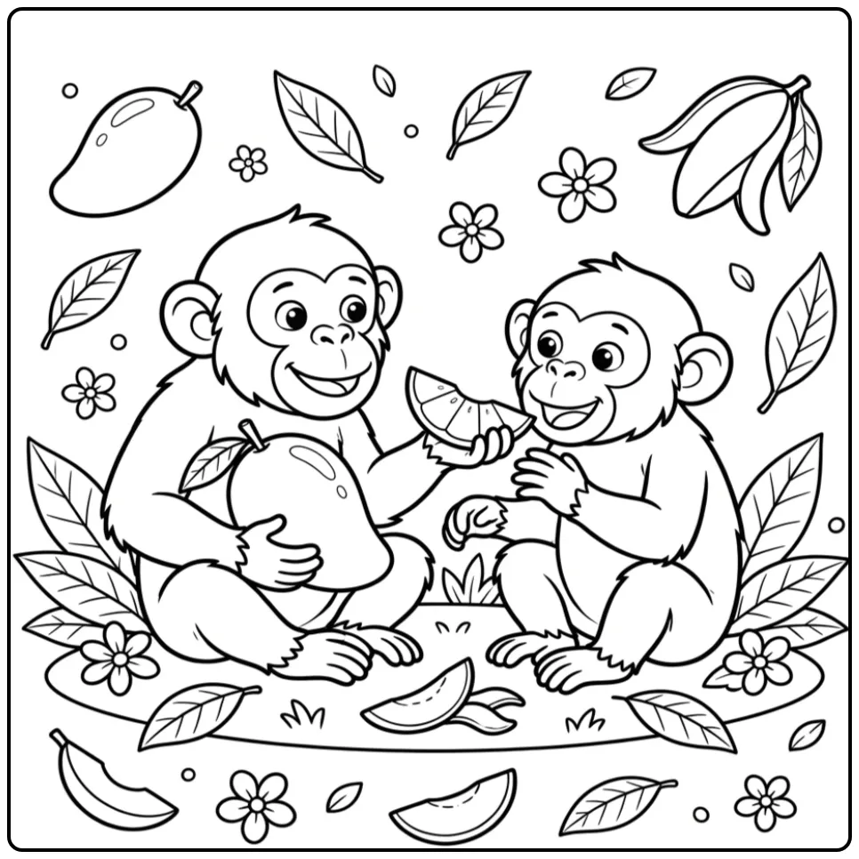 Lieve kleurplaat chimpansee deelt fruit met een vriend.