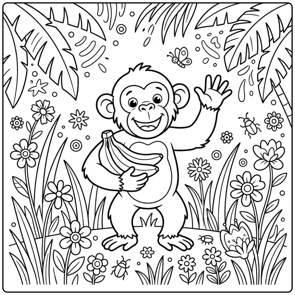 Vrolijke kleurplaat chimpansee met bananen zwaait naar je.