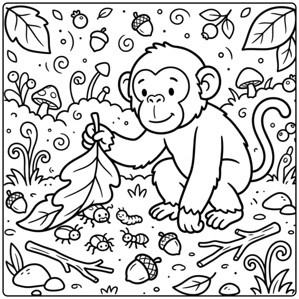 Een leuke kleurplaat chimpansee die voedsel zoekt in het bos.