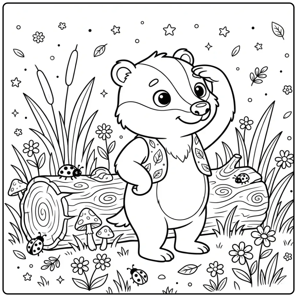 Vrolijke kleurplaat das staand tussen gras en bloemen.