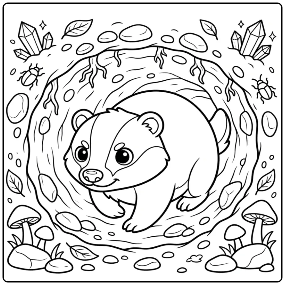 Een leuke kleurplaat das in een nauwe tunnel onder de grond.