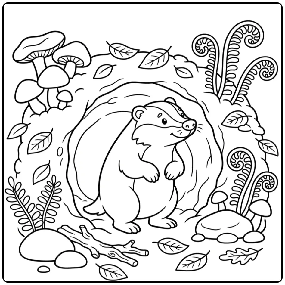 Een leuke kleurplaat das snuffelend bij zijn holletje.