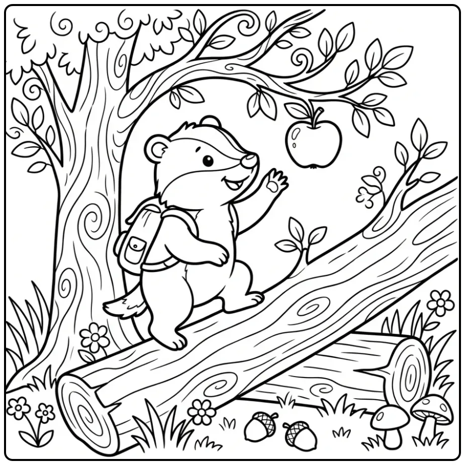 Een vrolijke kleurplaat das die klimt naar een appel aan de boom.