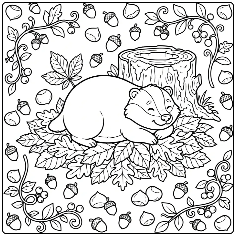 Een rustende kleurplaat das bij een boomstronk in de herfst.