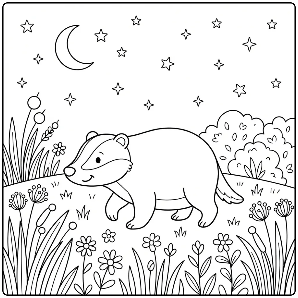 Een vrolijke kleurplaat das onder de sterrenhemel.