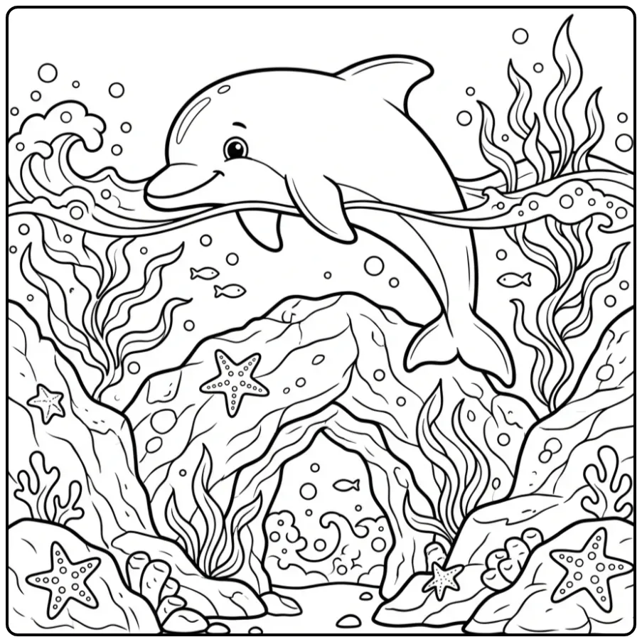 Springende kleurplaat dolfijn bij een rotsachtige zeegrot