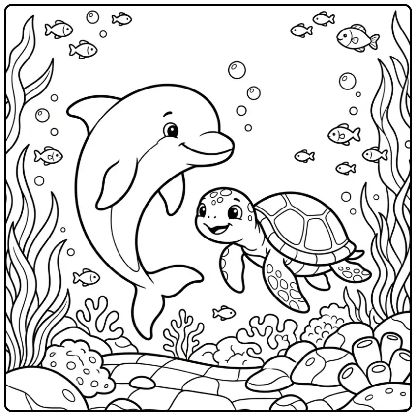 Een leuke kleurplaat dolfijn die zwemt met een schildpad.
