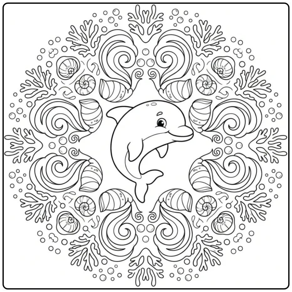 Vrolijke kleurplaat dolfijn mandala met golven en koraal.