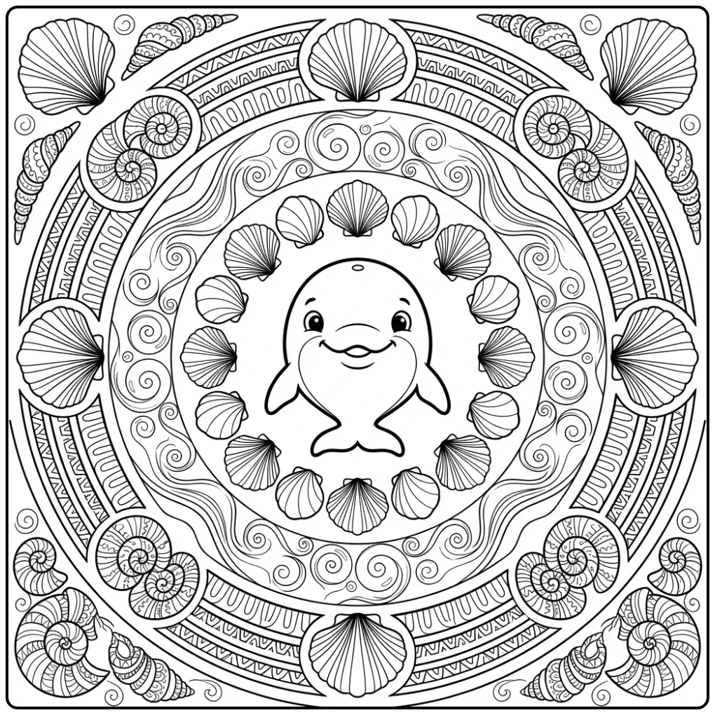 Een vrolijke kleurplaat dolfijn mandala met schelpen en golven