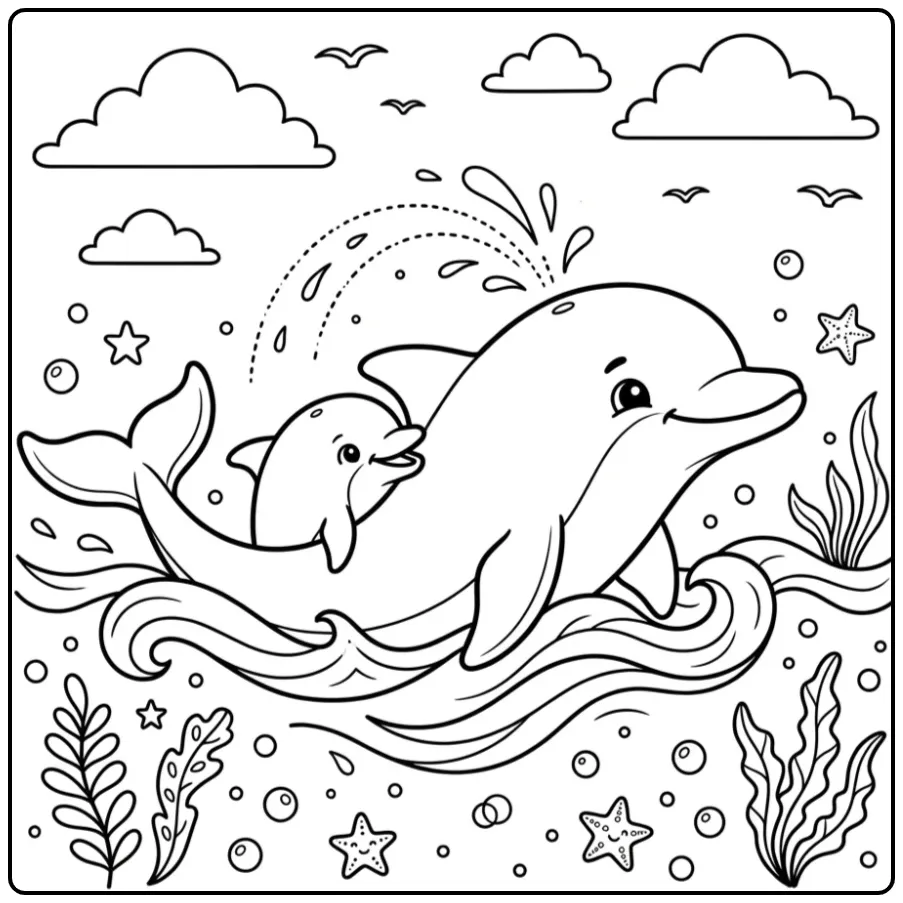 Lieve kleurplaat dolfijn met baby zwemmend in zee.