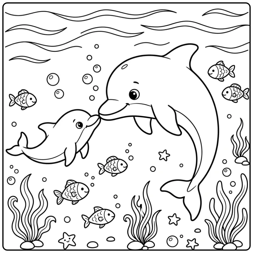 Lieve kleurplaat dolfijn met baby neus aan neus.