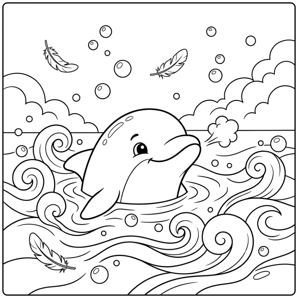 Kleurplaat dolfijn portret met spuitend water en wolken.