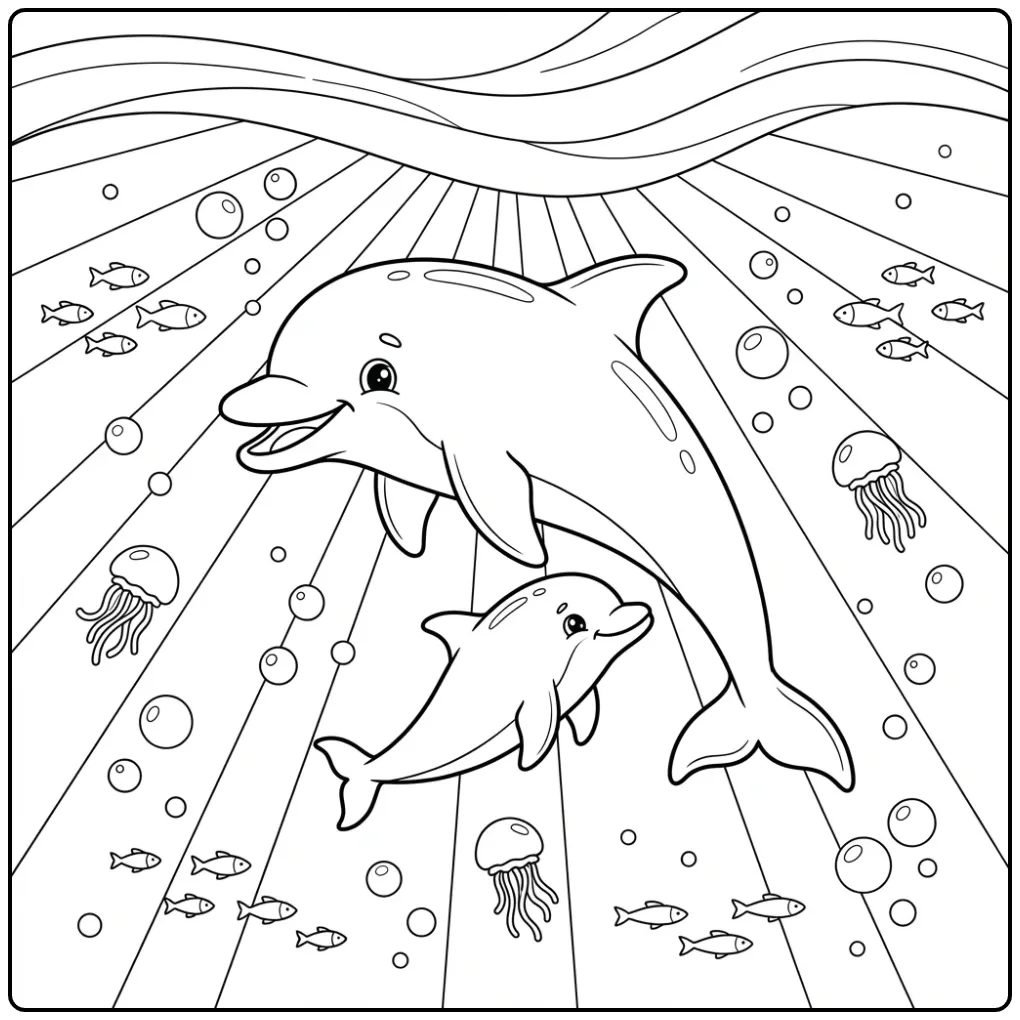 Kleurplaat dolfijn moeder en kind zwemmen speels omhoog.