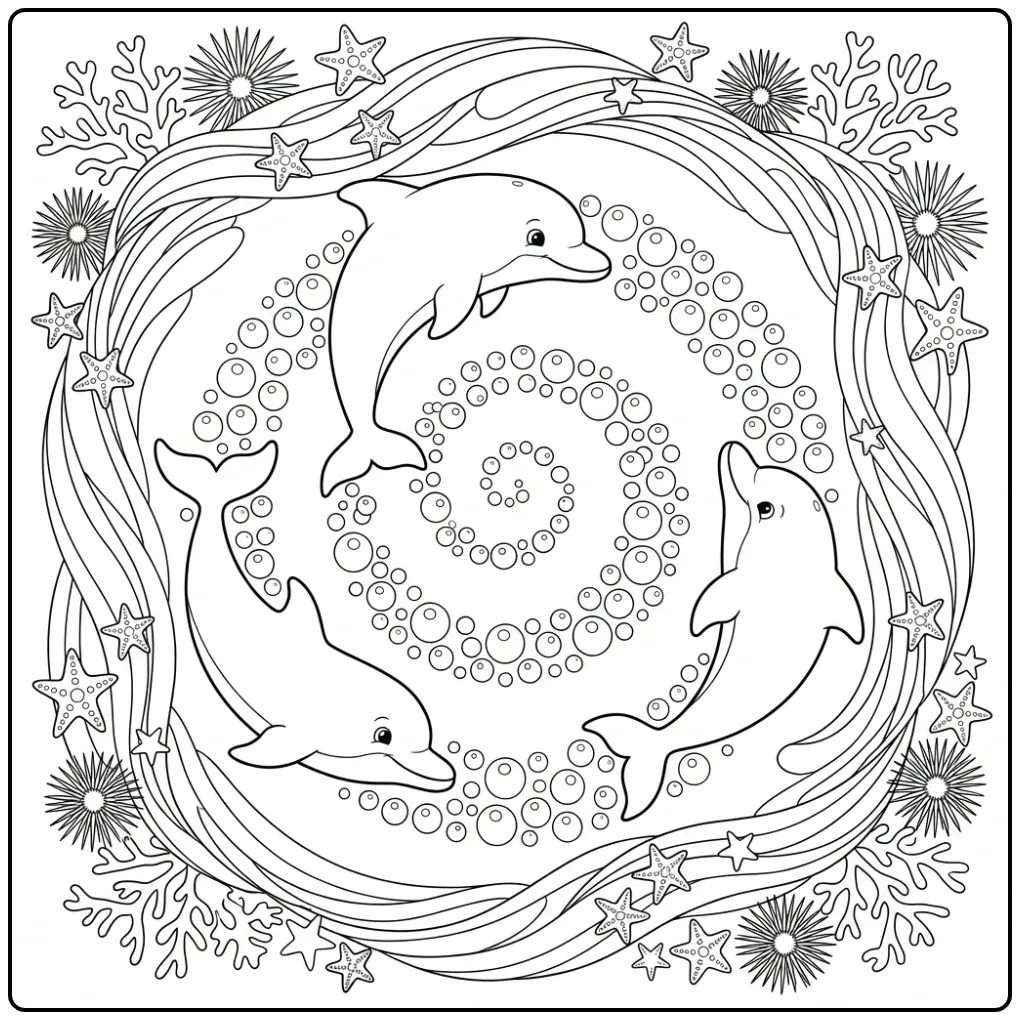Kleurplaat dolfijn met drie speelse dolfijnen en bubbels.
