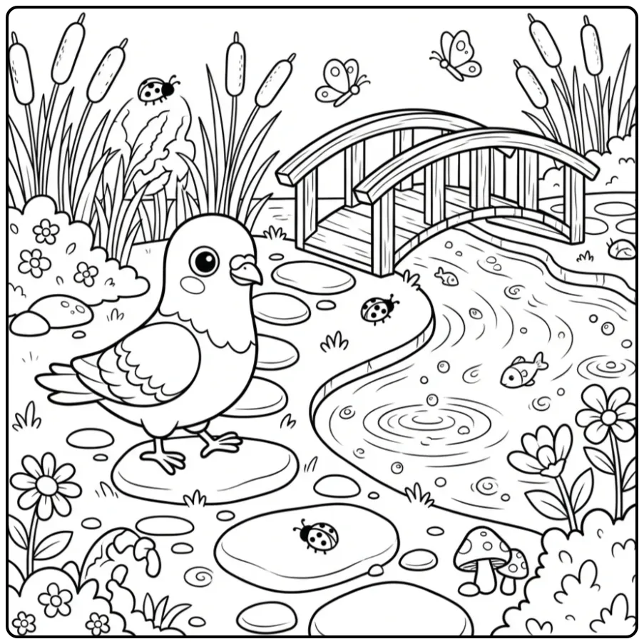 Kleurplaat duif wandelend langs een rivierpad met stenen