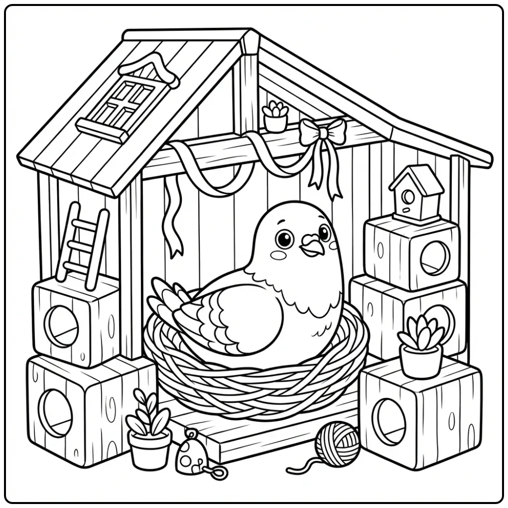 Een lieve kleurplaat duif in een hok met nest en dozen.