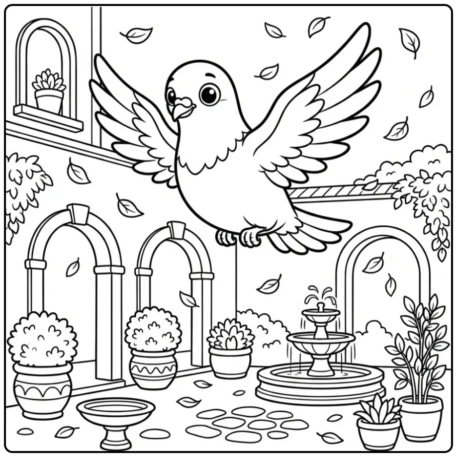 Vliegende kleurplaat duif boven een fontein en bogen.