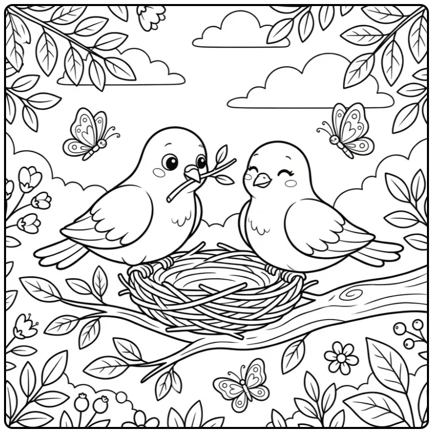 Kleurplaat duif en partner bouwen samen een nest.