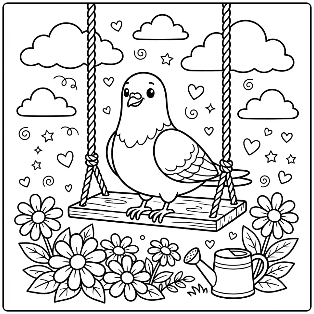 Vrolijke kleurplaat duif op een schommel in de tuin.