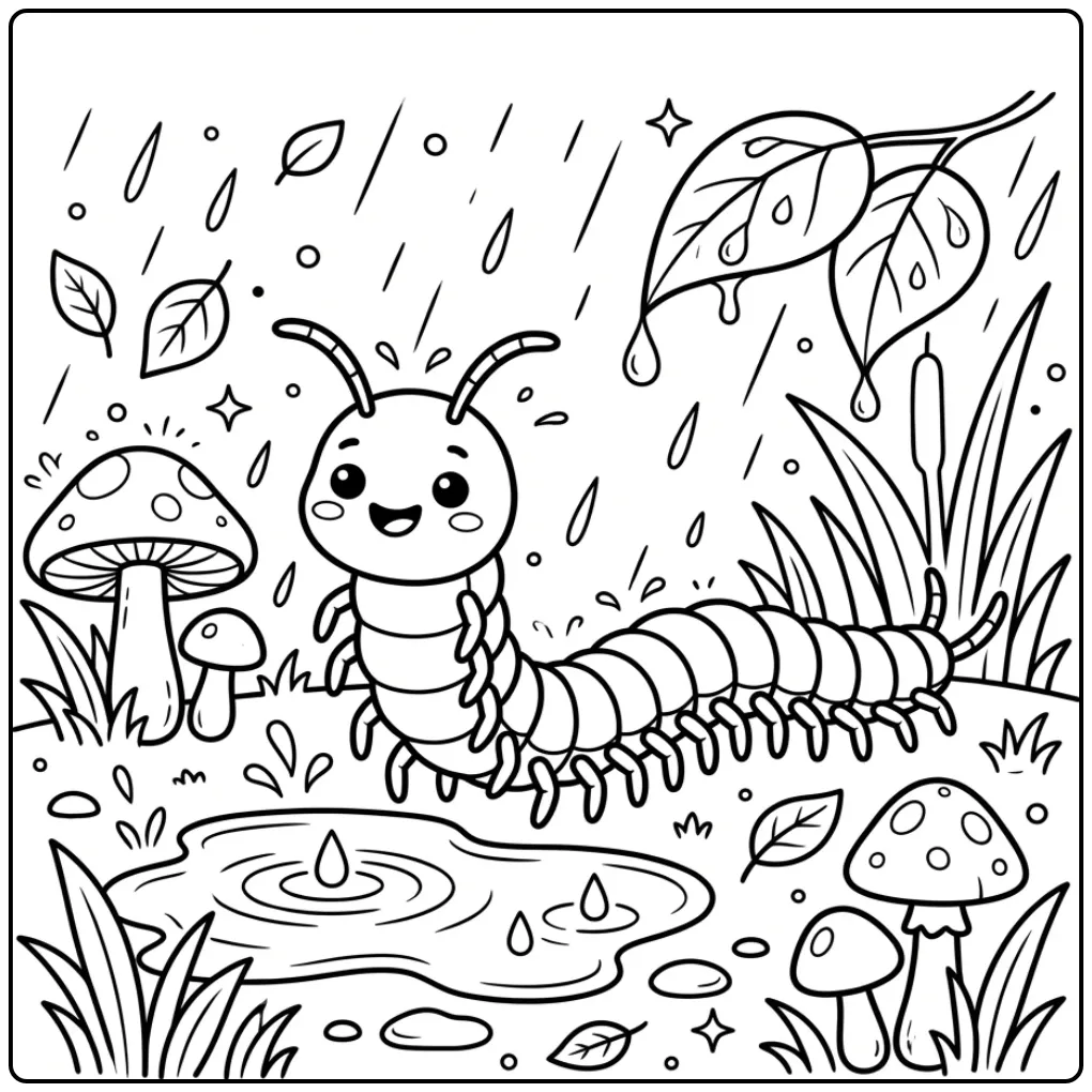 Leuke kleurplaat duizendpoot in de regen met paddenstoelen.