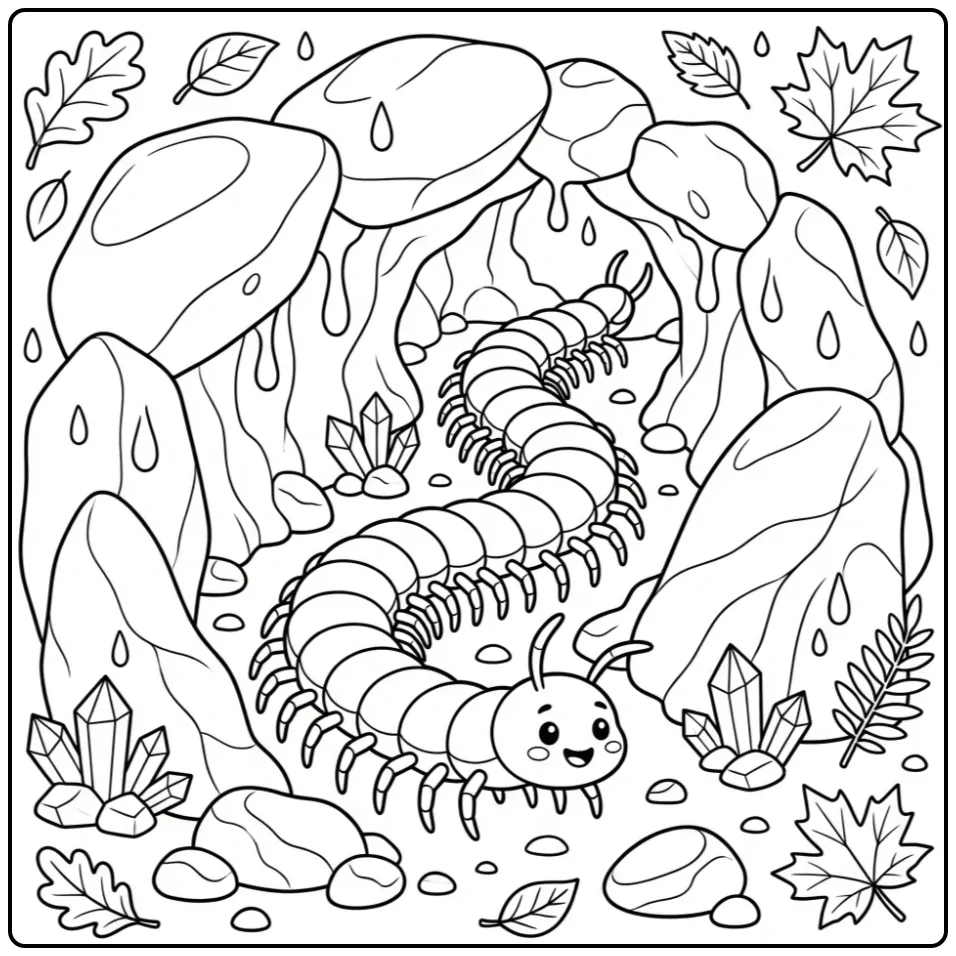 Een leuke kleurplaat duizendpoot in een grot met kristallen.