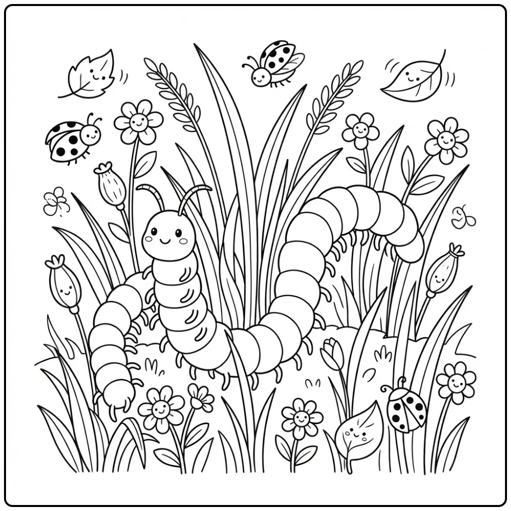 Vrolijke kleurplaat duizendpoot met lieveheersbeestjes.