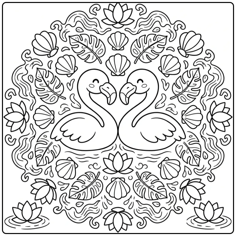 Een leuke kleurplaat flamingo mandala met tropische details.