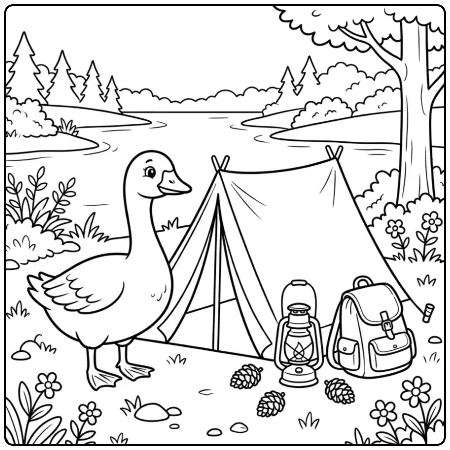 Een leuke kleurplaat gans bij een tent op de camping.