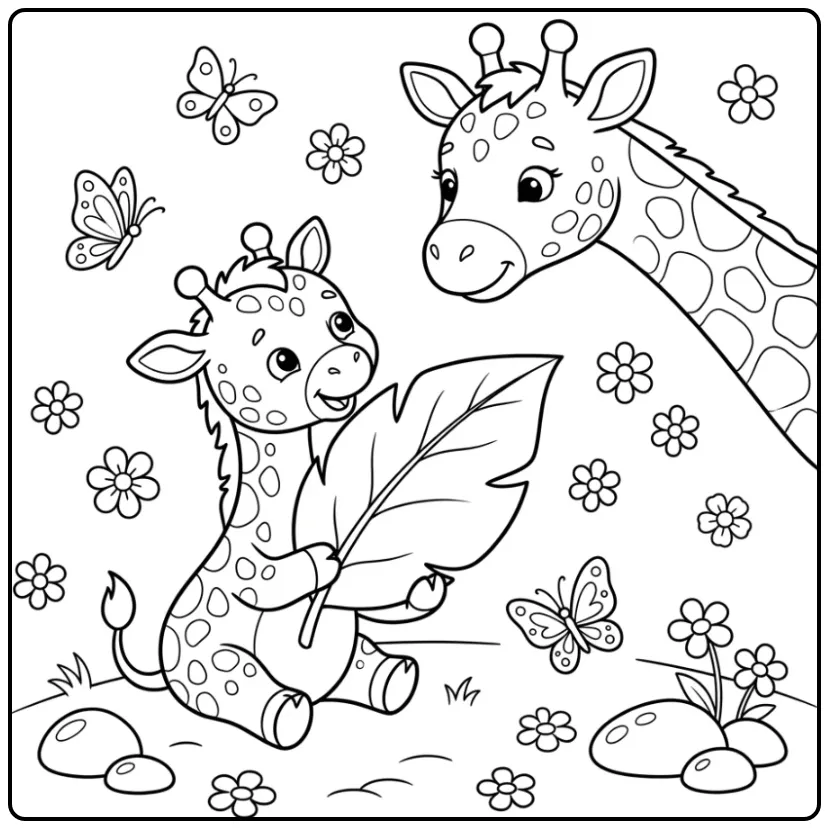 Leuke kleurplaat giraffe met een baby die speelt met een blad.