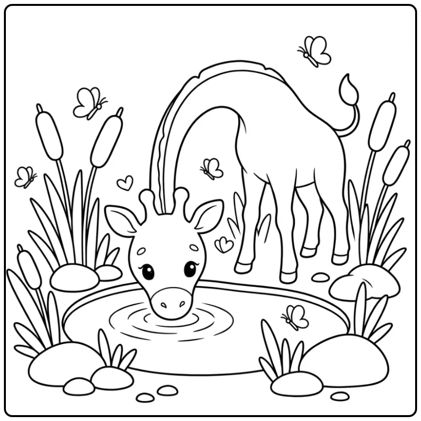 Lieve kleurplaat giraffe buigt naar het water met vlinders.