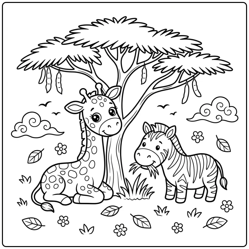 Een vrolijke kleurplaat giraffe rustend met een zebra