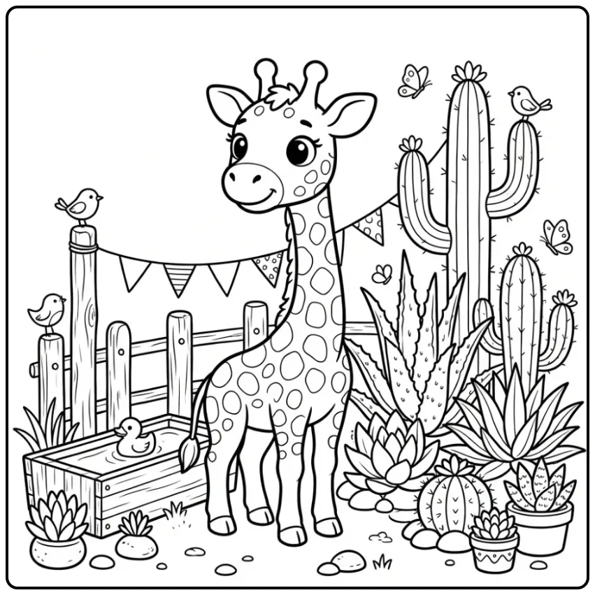 Een leuke kleurplaat giraffe bij een hek met cactussen.