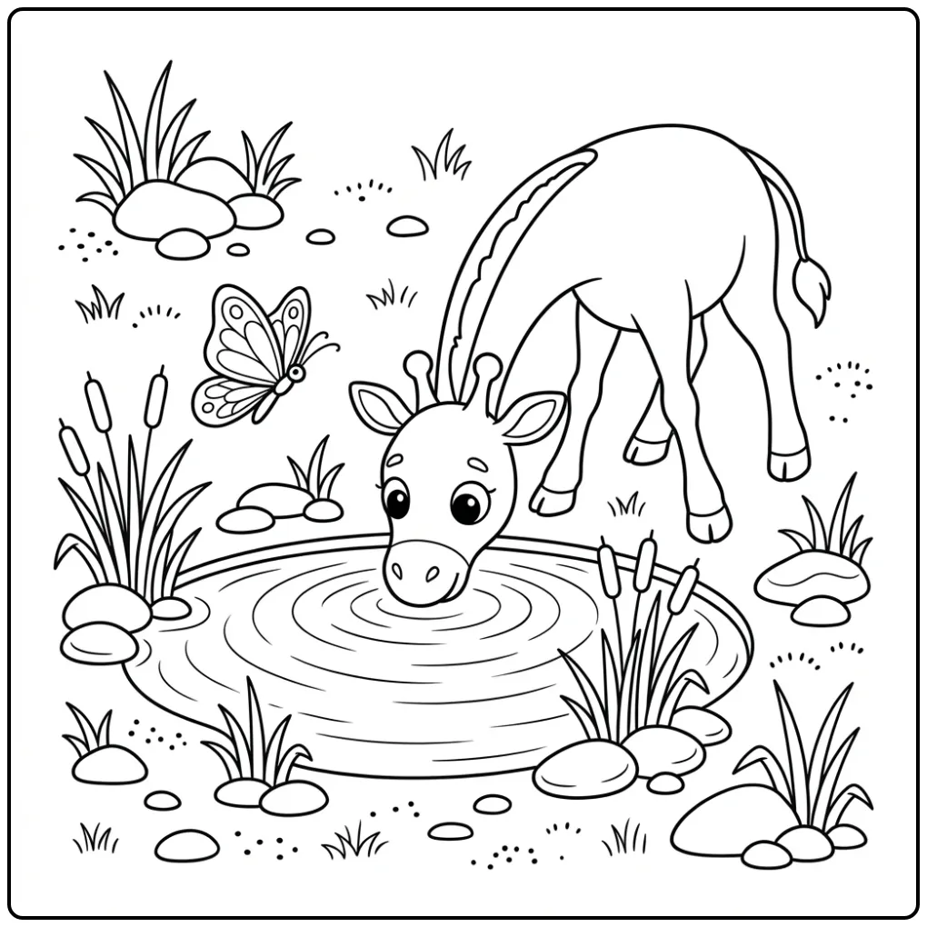 Kleurplaat giraffe makkelijk drinkend uit een poel