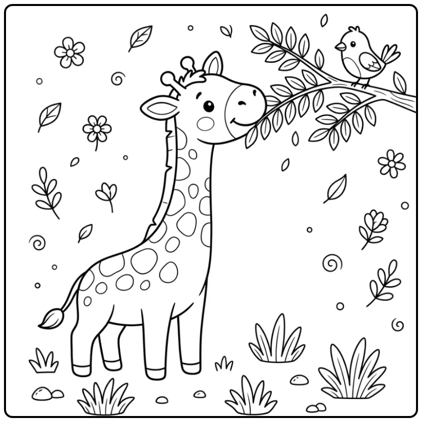 Leuke kleurplaat giraffe makkelijk etend van een tak.