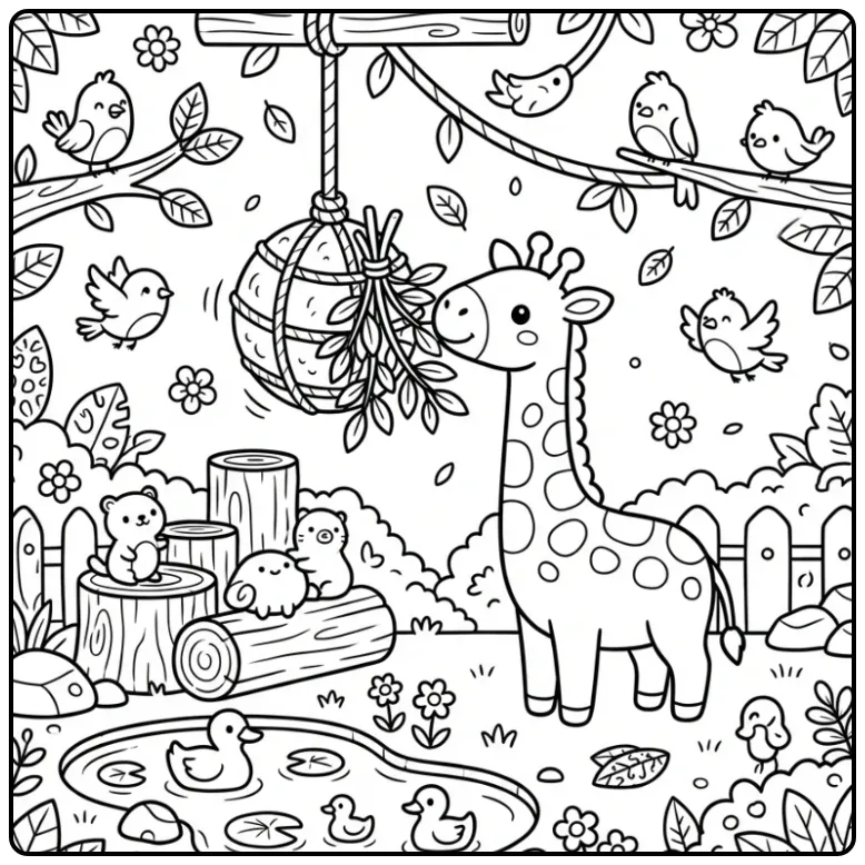 Kleurplaat giraffe die reikt naar bladeren in de dierentuin.