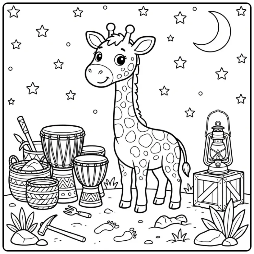 Kleurplaat giraffe bij safari trommels en manden.