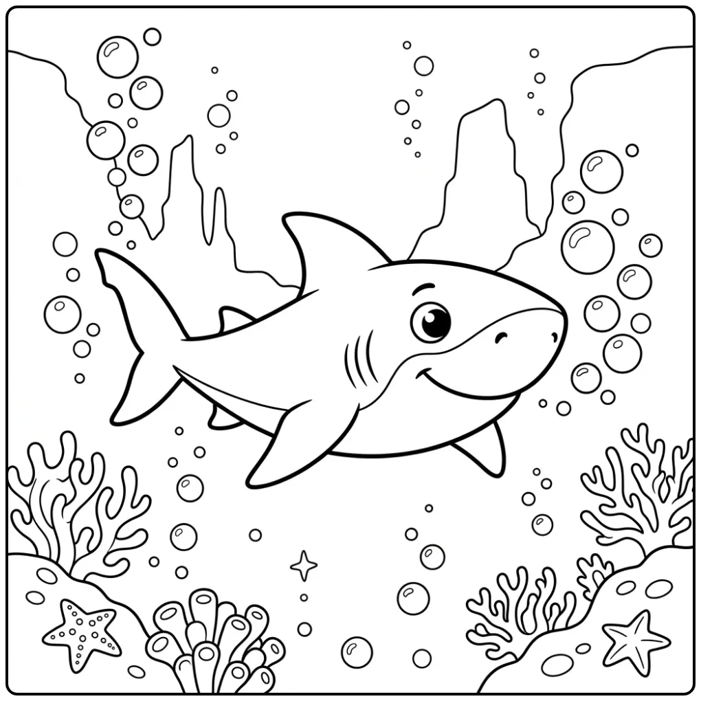Vrolijke kleurplaat haai onder water met bubbels en rotsen.