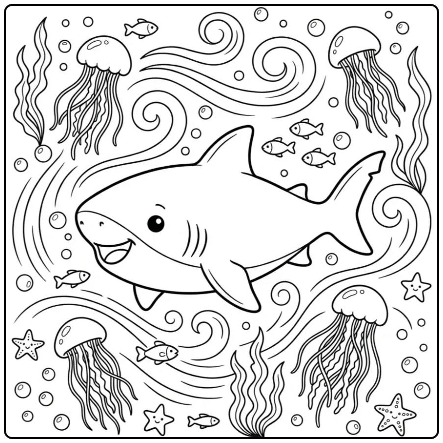 Vrolijke kleurplaat haai tussen de kwallen en zeewier.