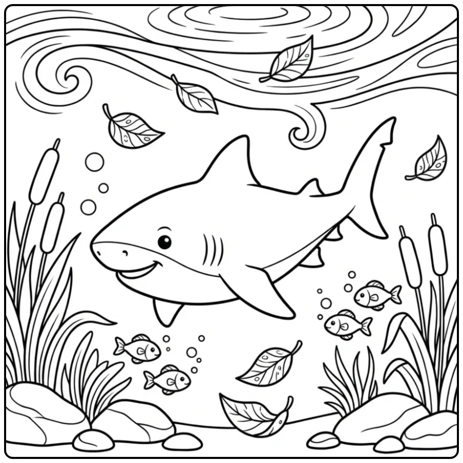 Leuke kleurplaat haai die zwemt tussen riet en vissen.