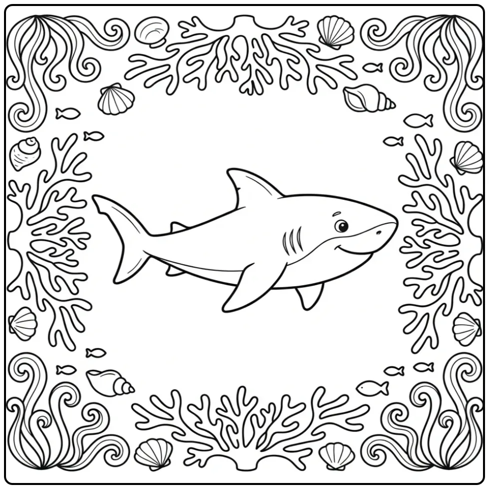 Lieve kleurplaat haai met zeewier en kleine visjes.