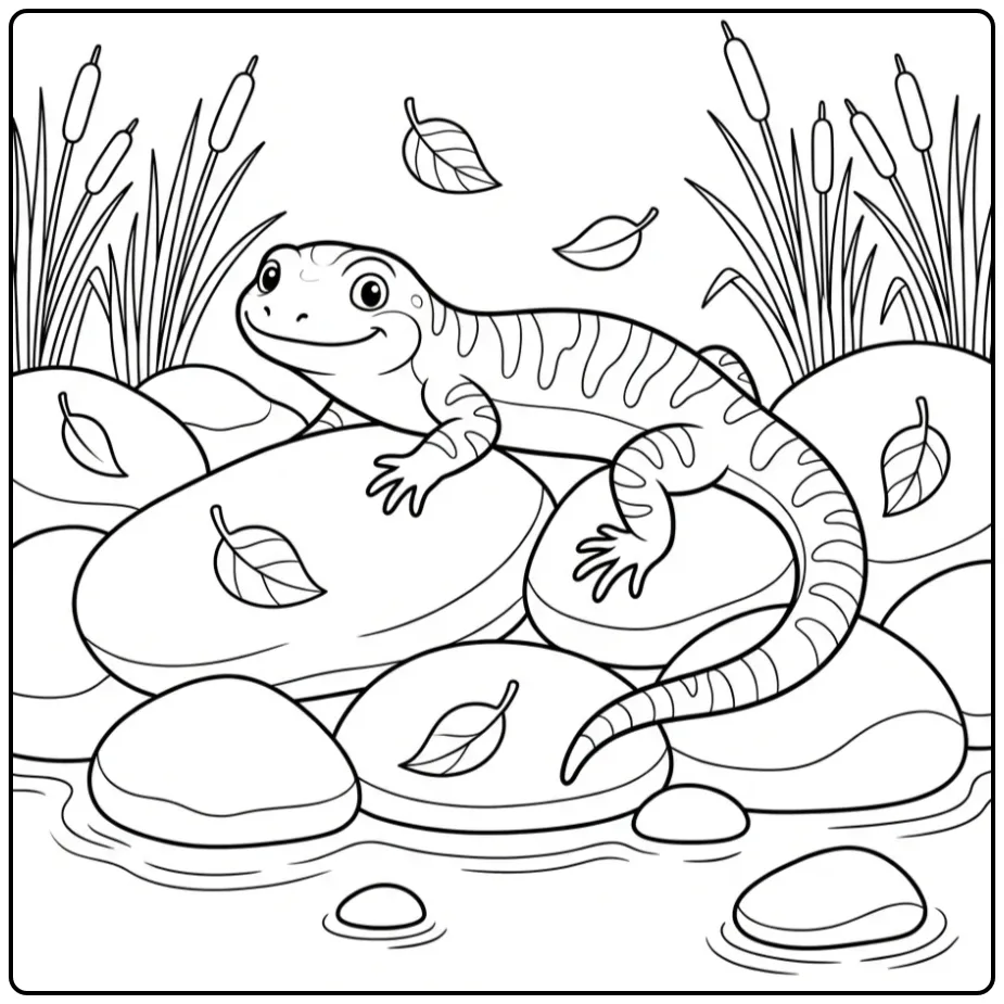 Een leuke kleurplaat hagedis tussen stenen en riet.