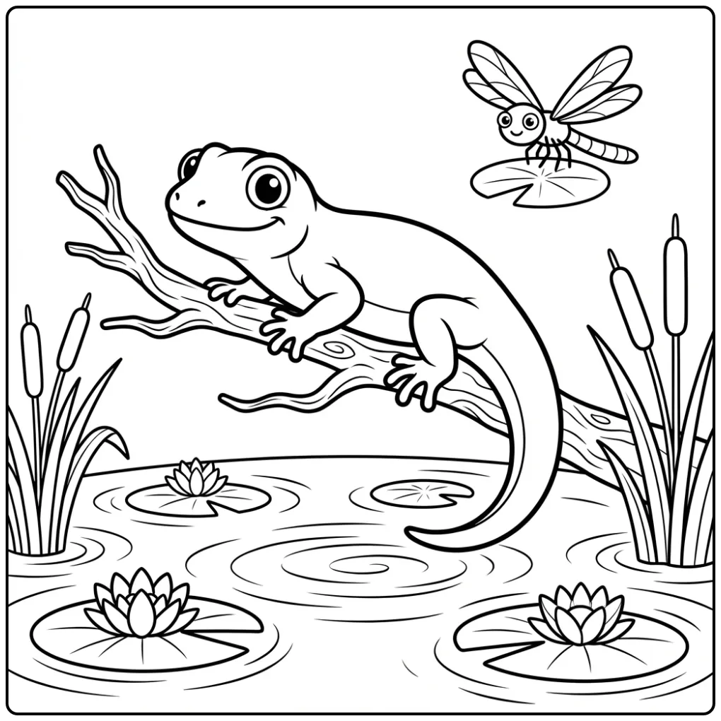 Een leuke kleurplaat hagedis op een tak boven een vijver.