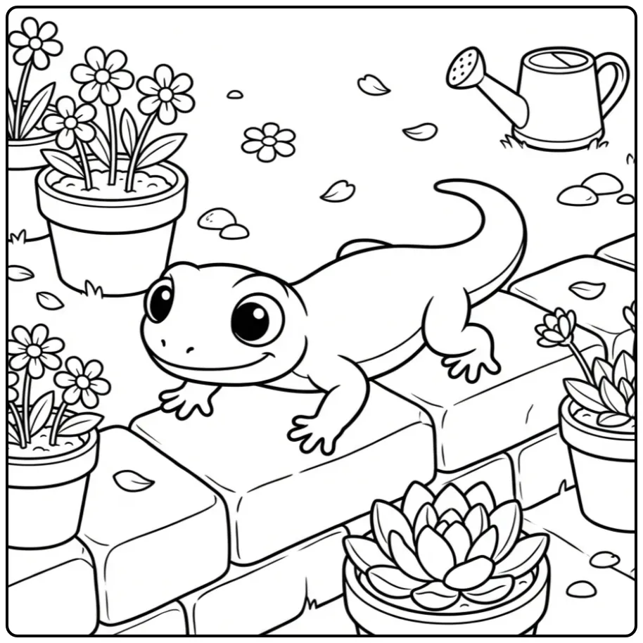 Een leuke kleurplaat hagedis op een stenen tuinmuur met plantjes.