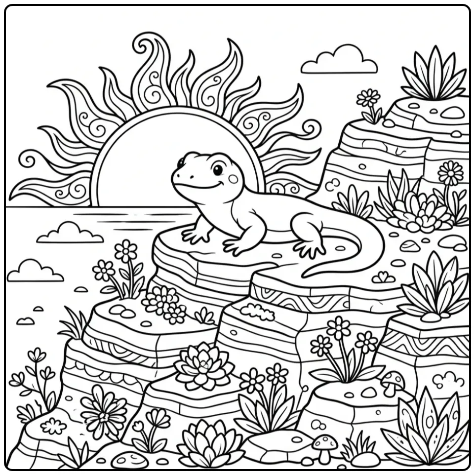 Leuke kleurplaat hagedis op een rots bij zonsondergang.